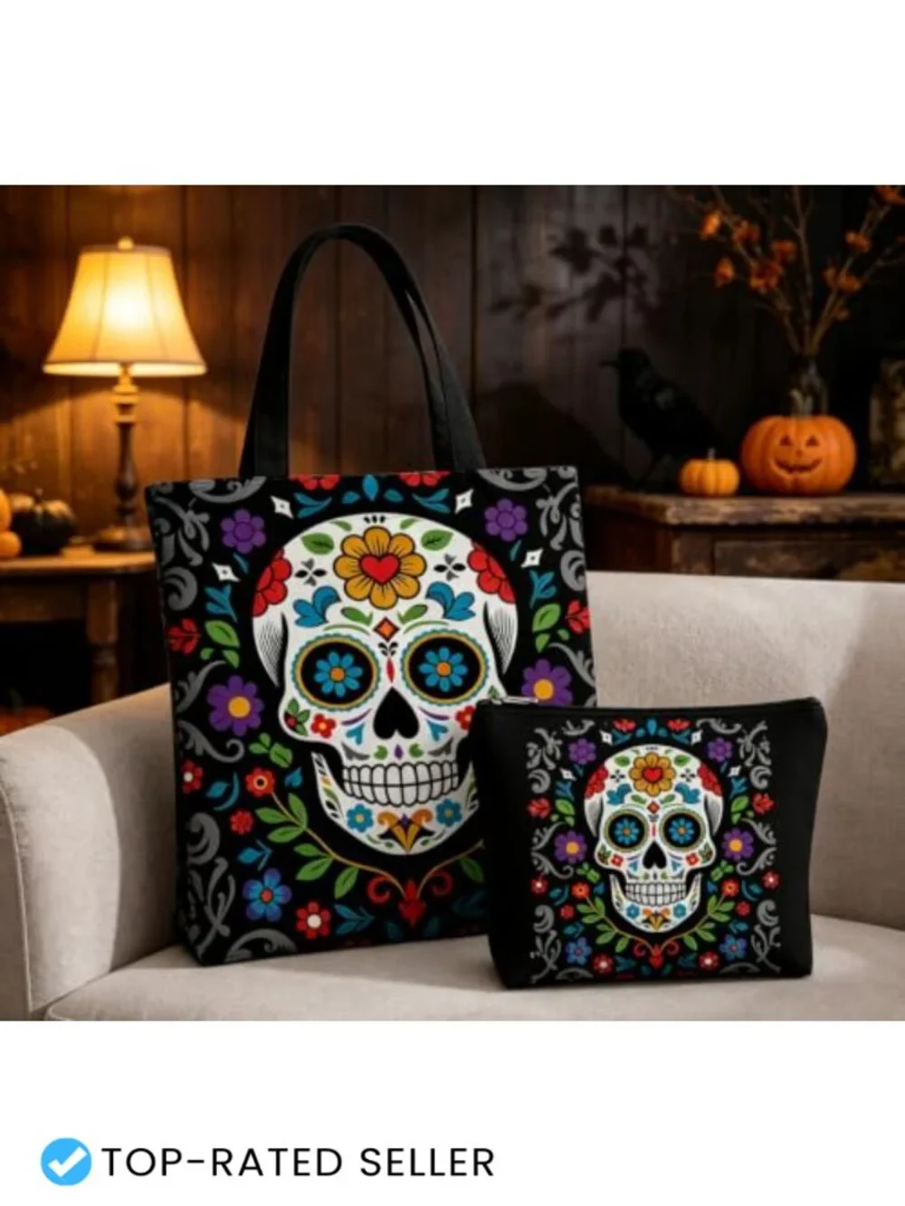 2Pc Canvas Tote & Cosmetic Bag Set Skull Flower Goth Halloween Accessories
